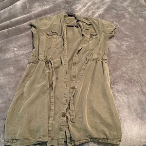 Green button up dress with a tie to tighten around the waist